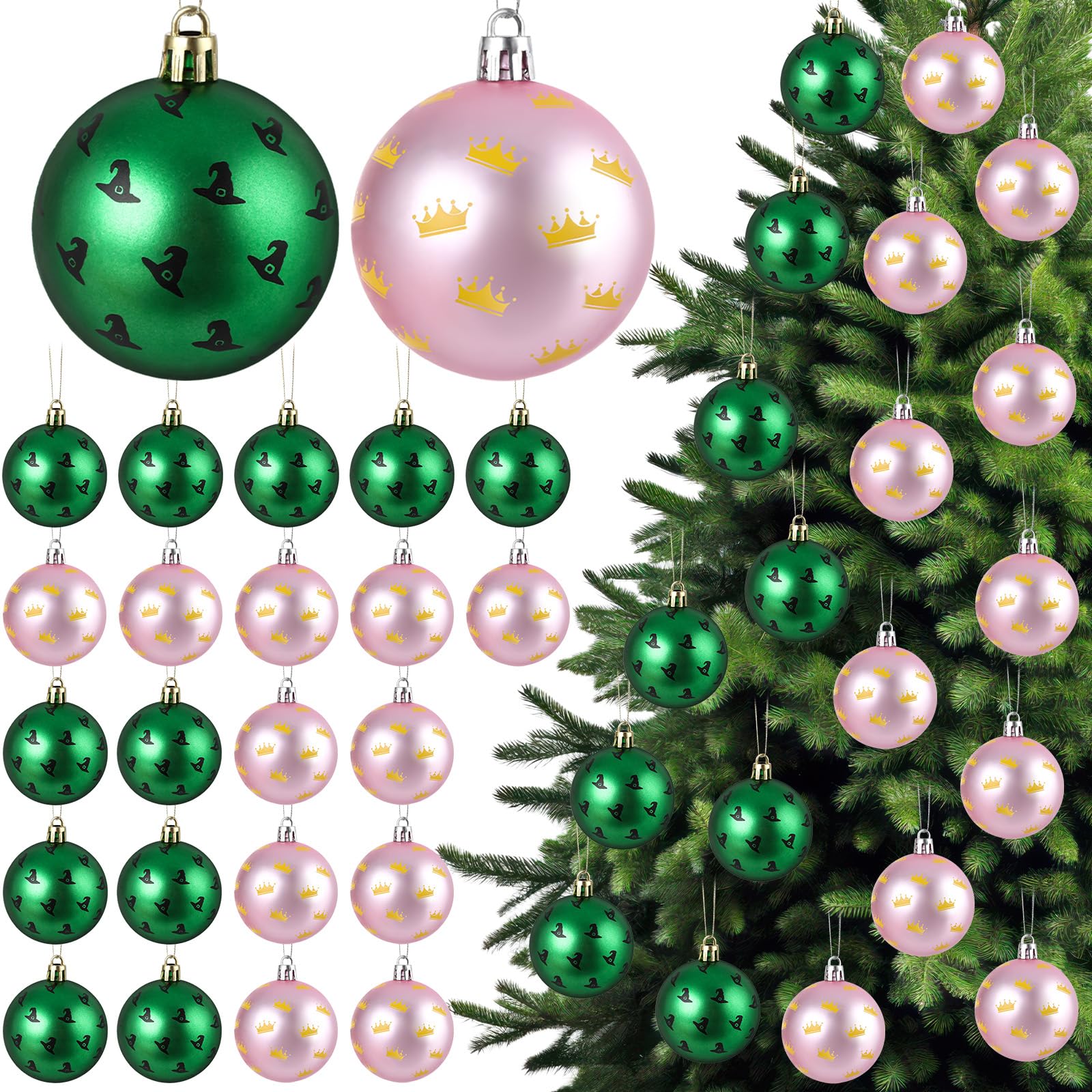 Photo 1 of 24 Pcs 2.4 Inch Pink and Green Witch Christmas Ball Ornament Witch Hat Princess Crown Xmas Tree Hanging Bauble Decoration for Holiday Home Party Supplies