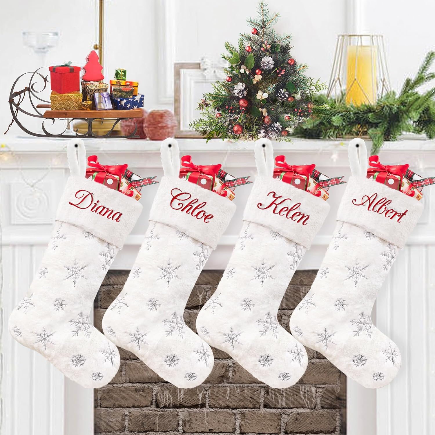 Stockings & Holders - CARAKNOTS Personalized Christmas Stockings 4 Pack White Christmas Stockings for Family Kids Large Faux Fur Custom Stockings Christmas with Names Monogram Xmas Stocking Farmhouse Fireplace Hanging