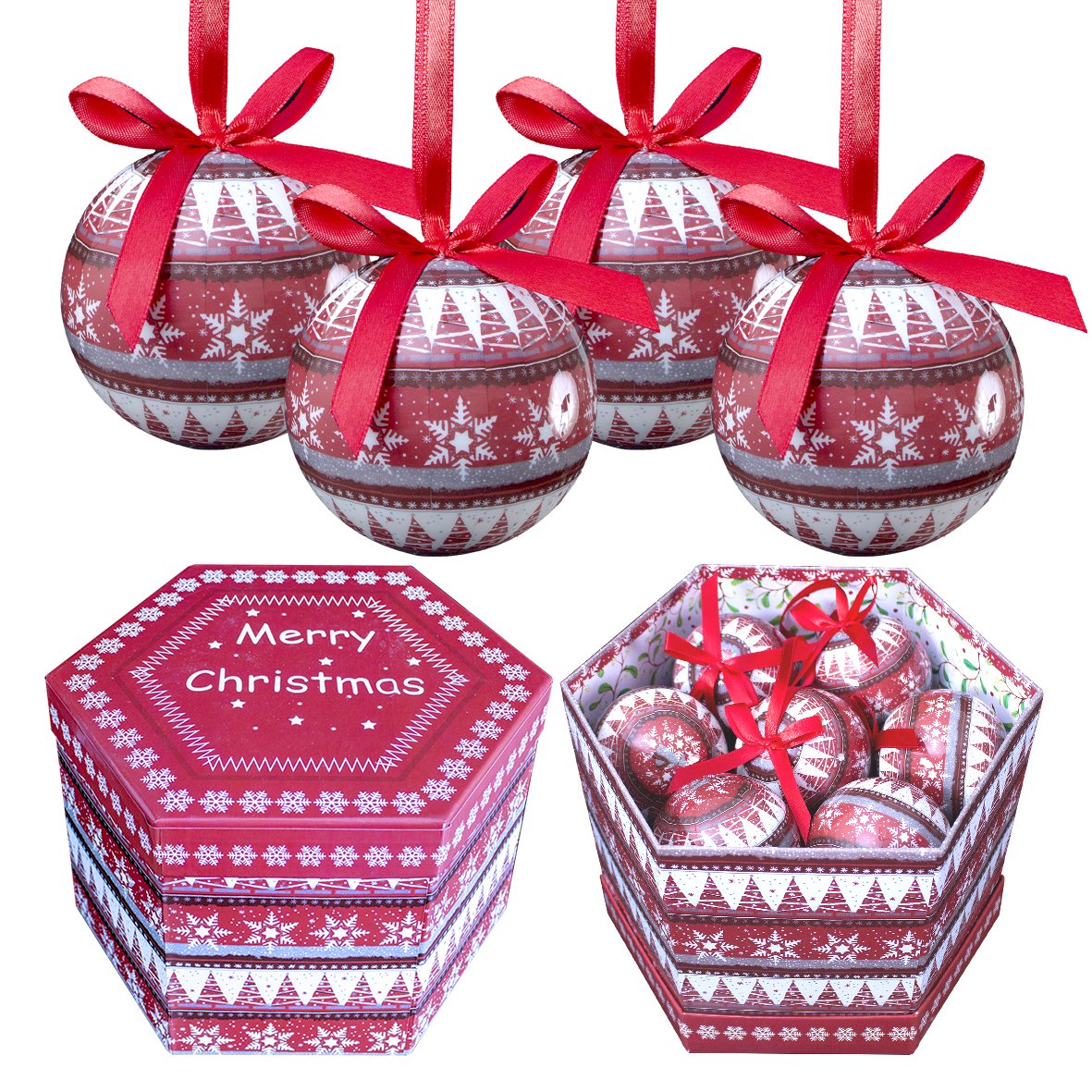 The Christmas Workshop Set of 14 Christmas Baubles/Various Festive Designs/Gift Boxed Christmas Tree Decorations / 7.5cm Diameter Baubles (Red & White Nordic)