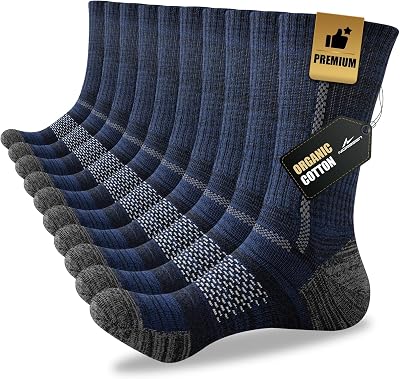 Calcetines de trabajo de algodón de corte alto para hombre, 5 pares de calcetines de bota acolchados para deportes al aire libre, senderismo, running, Azul marino, 8-10