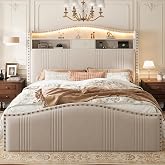 51.5" Tall Queen Bed frame with Headboard and Storage Upholstered Bedframe | Curved Design | Velvet Fabric | Queen Bed Frame with Rivets | Luxury White Bed Frame