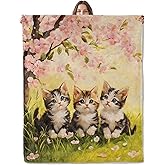 Lugiu Adorable Kittens Blanket, Lightweight Comfy Cute Cats Blankets for Couch Sofa Bedroom, Soft Plush Travel Flannel Pink Cherry Blossom Throw Blanket Gifts for Adults Kids Women, Home Decor 60×50in