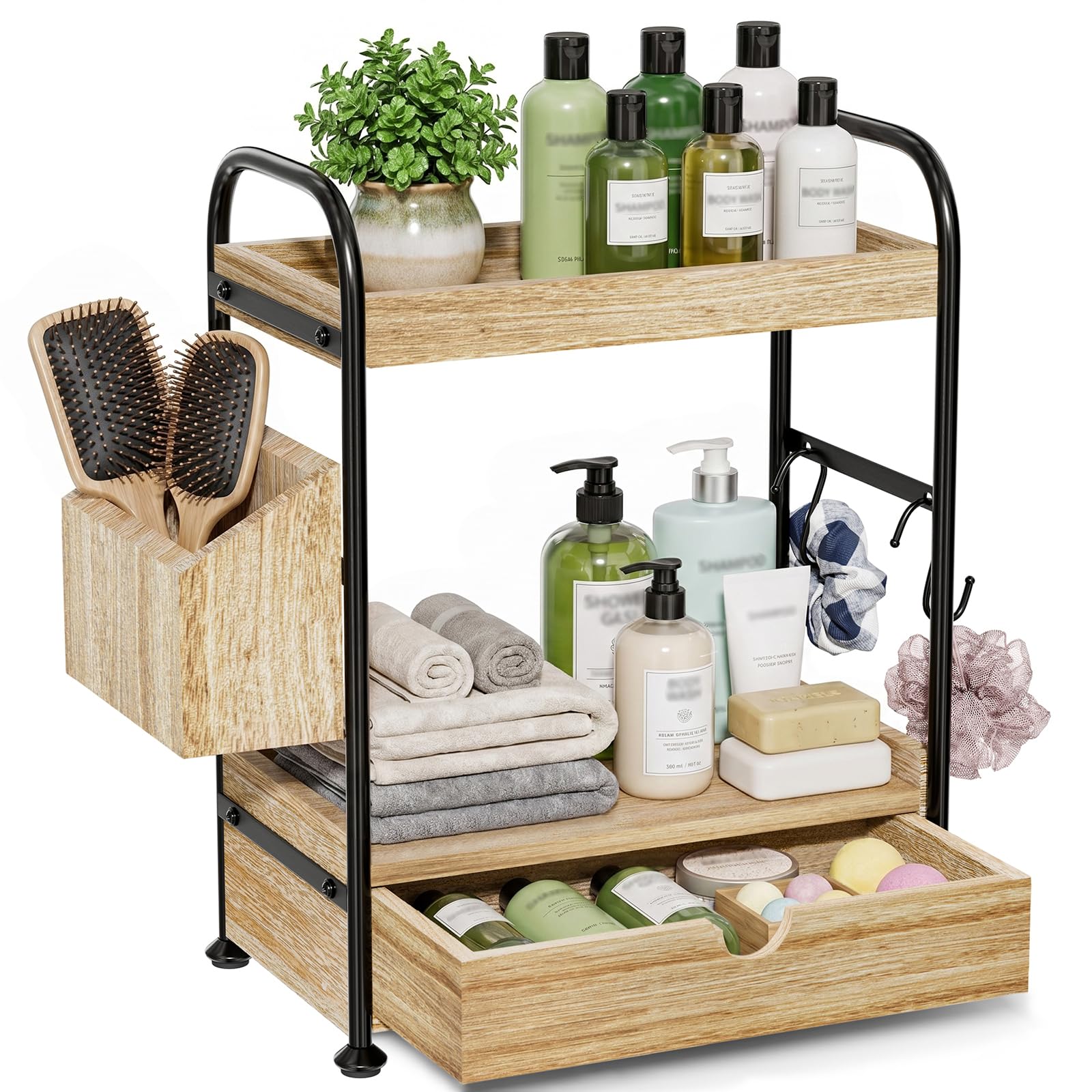 Kottwca 2-Tier Bathroom Counter Organizer with Drawer, Wooden Vanity Skincare Storage Shelf with Thi
