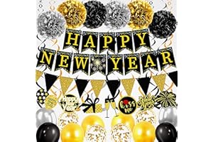 GENERIC New Year‘s Eve Party Supplies 2026 -34PCS Happy New Years Decorations 2026 for 12+ Guests Includes Banner, Pom Poms, Balloons ,Triangle Flag for Nye 2026 Celebrations Premium Black Gold new years set