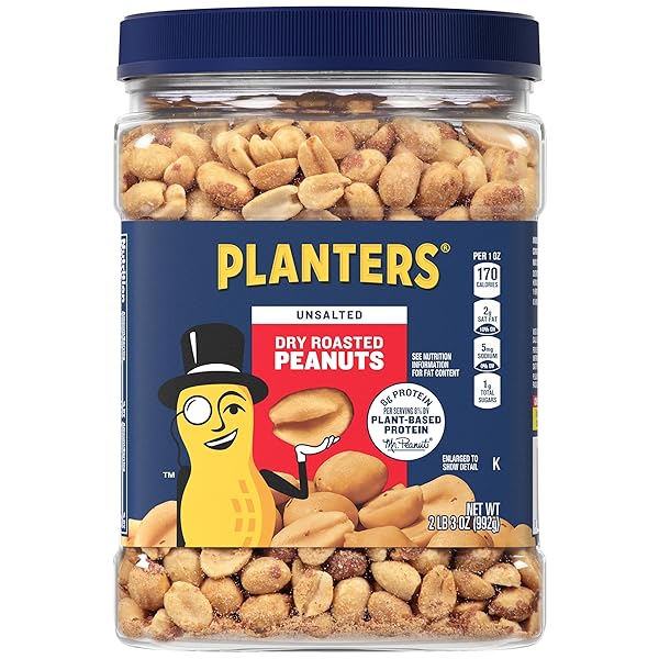 PLANTERS UNSALTED DRY ROASTED PEANUTS, RESEALABLE JAR, KOSHER NUTS, PLANT-BASED PROTEIN, QUICK SNACK FOR ADULTS, AFTER SCHOOL SNACK, 35 OZ CANISTER