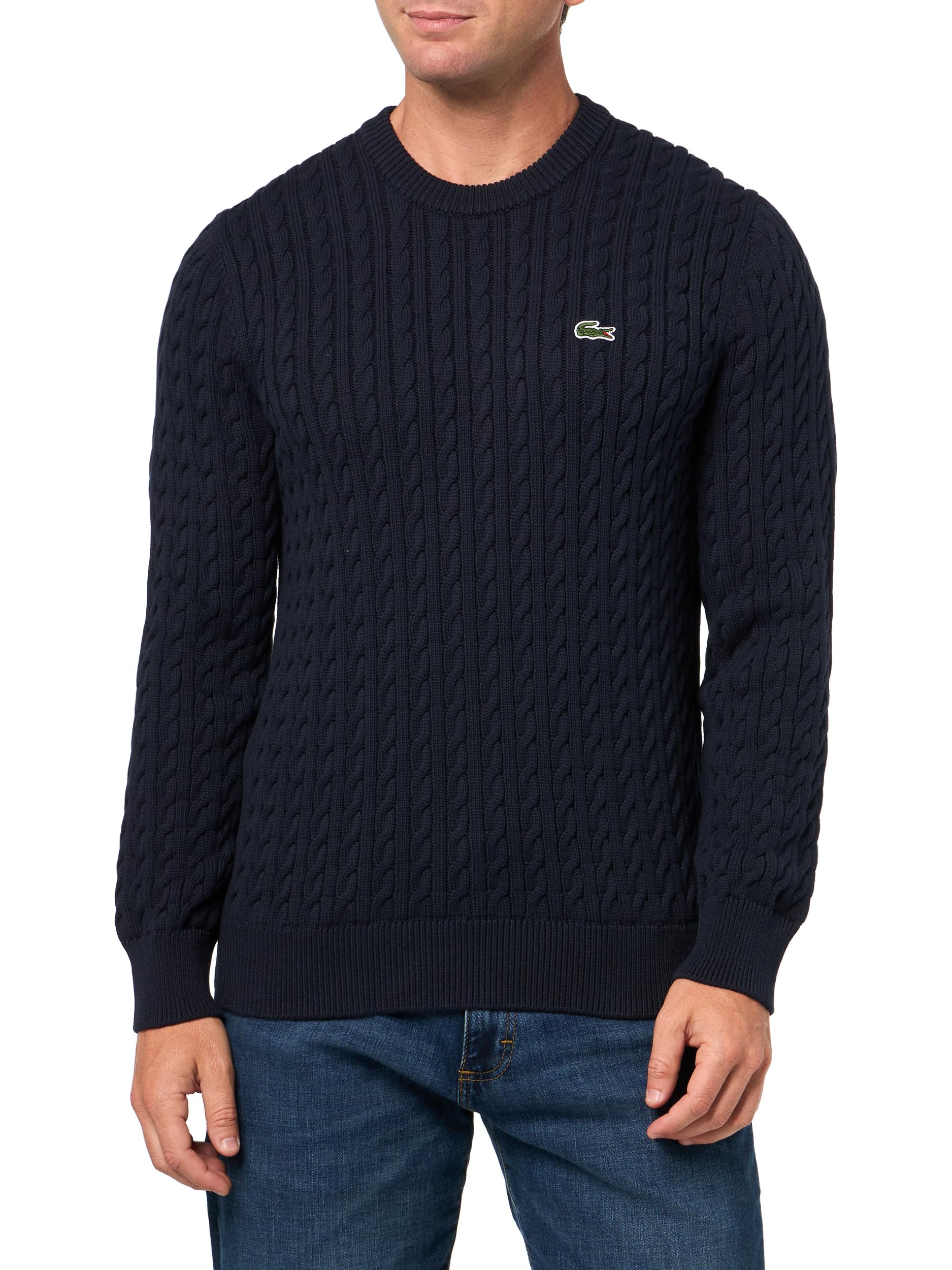 Lacoste Mens French Fashion Sport Regular Fit Crew Neck Long Sleeve Cable Stitch Sweater, Navy Blue/Green, Medium