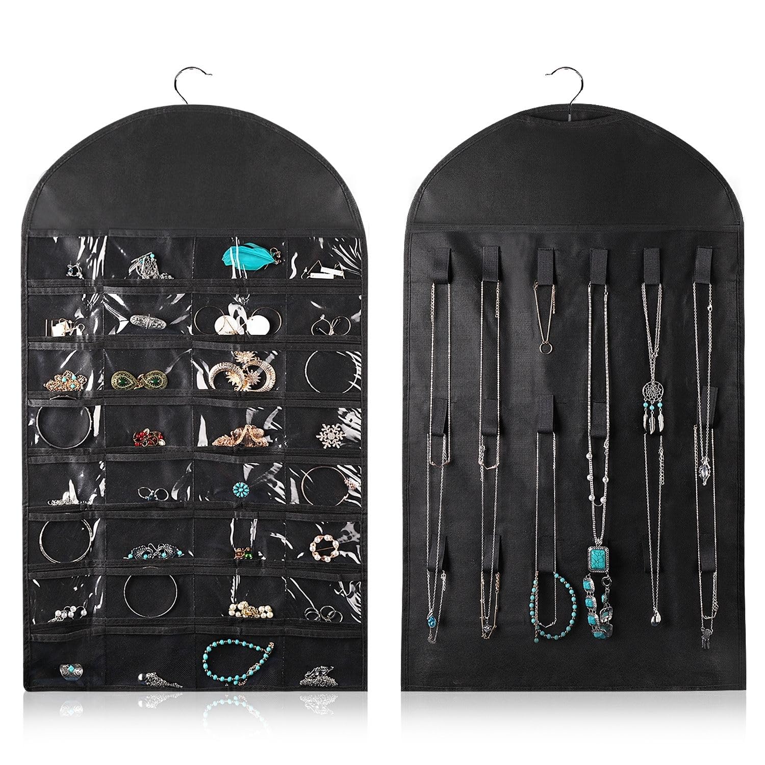 Flexzion Hanging Jewelry Organizer – (1 Pack) Black 32 Clear Pockets & 18 Hooks & Loops, Non-Woven Bag Dual Side Earring Storage Display Holder with for Necklace Bracelet Sunglasses