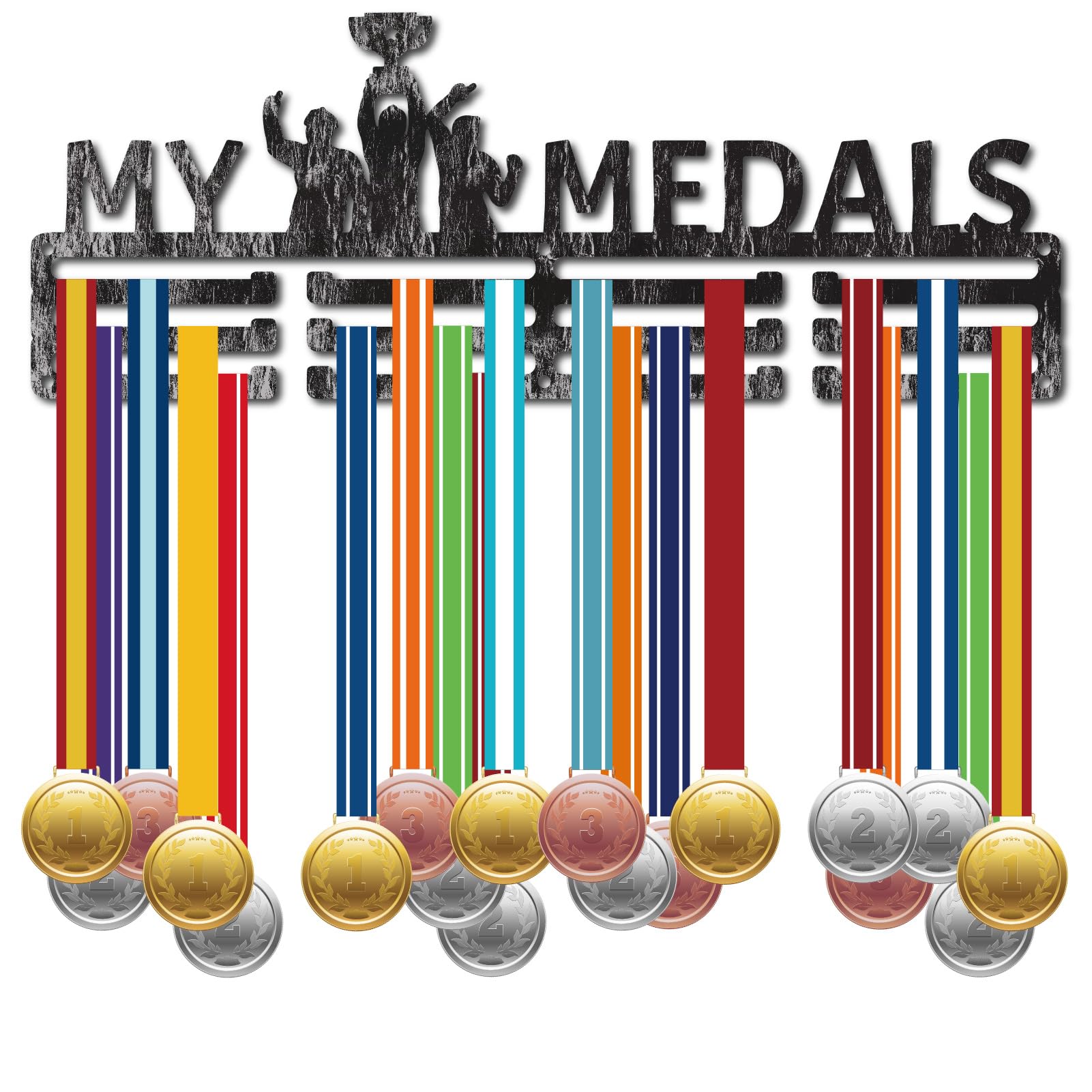 CREATCABIN My Medals Holder Hanger Medals Display Rack Antique Silver Metal Shelf Plaques Hangers Organizer Medal Frame Wall Mounted with 12 Hooks for Award Ribbon Lanyard Athlete 15.7x6Inch