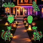 6PCS Day of the Dead Yard Signs, Glow in the Dark Sugar Skull Outdoor Decor | Colorful Bat Owl Cat Dog Yard Signs with Stakes and Hanging Ropes for Garden Lawn Fence Porch Dia de los Muertos Party