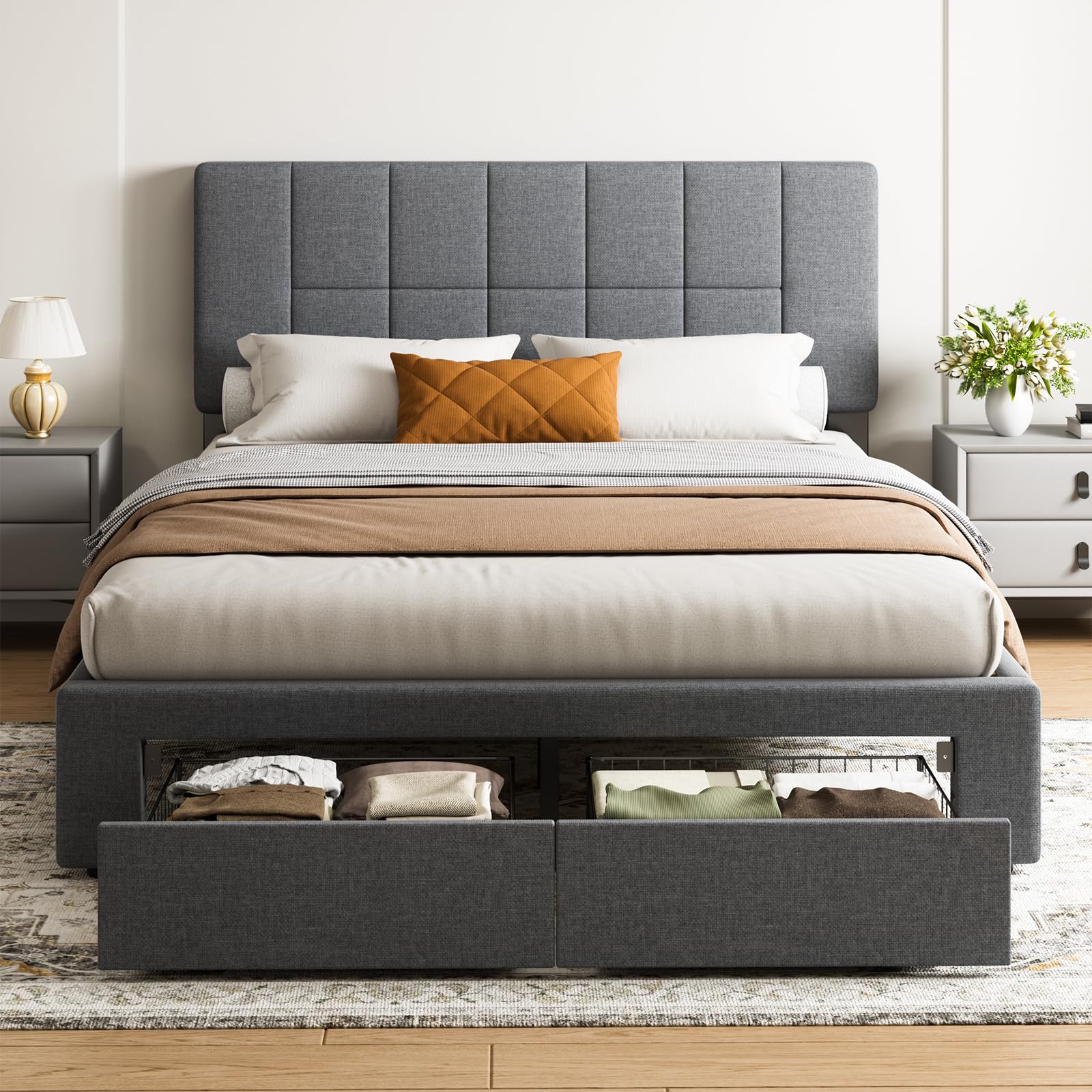 Photo 1 of ***PARTIAL SET - PRICE ADJUSTED***
Marsail Queen Bed Frame with 2 Storage Drawers, Sturdy & Durable with 12 Support Legs, 1300 lbs Capacity, Solid Wooden Upholstered Adjustable Headboard for 6?–12? Mattresses, Easy Assembly, Dark Gray