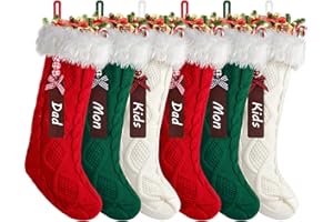 tgosomt Best Christmas Stockings, 20 Inches Large Knitted Stocking with Personalized Name Tags, Ivory White, Burgundy & Green, 6 Pack