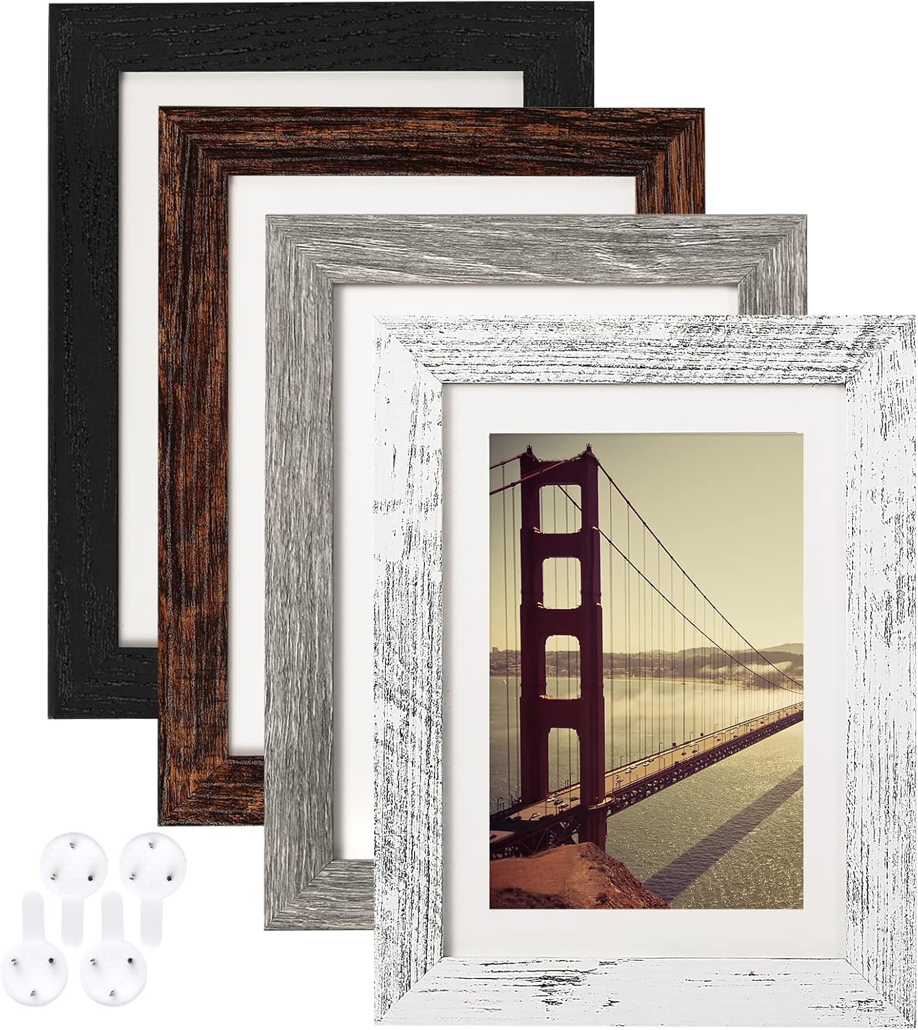 Photo Albums, Frames & Accessories - BAIJIALI 5x7 Picture Frame Distressed Farmhouse Wood Pattern Set of 4 with Tempered Glass,Display 4x6 Photos with Mat or 5x7 Without Mat, Horizontal and Vertical Formats for Wall and Table Mounting,Multicolour