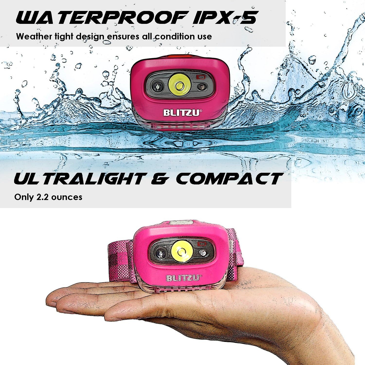 BLITZU LED Headlamp Flashlight for Adults and Kids - Waterproof Super Bright Cree Head Lamp with Red Light, Comfortable Headband Perfect for Running, Camping, Hiking, Fishing, Hunting, Jogging PINK: Sports & Outdoors