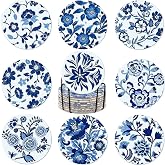 9 PCS Blue Flower Diamond Art Coasters, Mini Diamond Painting Kits | Blue and White Coasters for Adults Beginners, Sparkly 5D