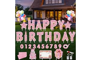 Rtshuok 18 Pcs Happy Birthday Yard Sign with 32.8 ft Led Light, 16” Large Size Happy Birthday Yard Sign with Stakes, Weatherproof Personalized Birthday Yard Signs, Outdoor Lawn Garden Party Decoration(Rose Gold)