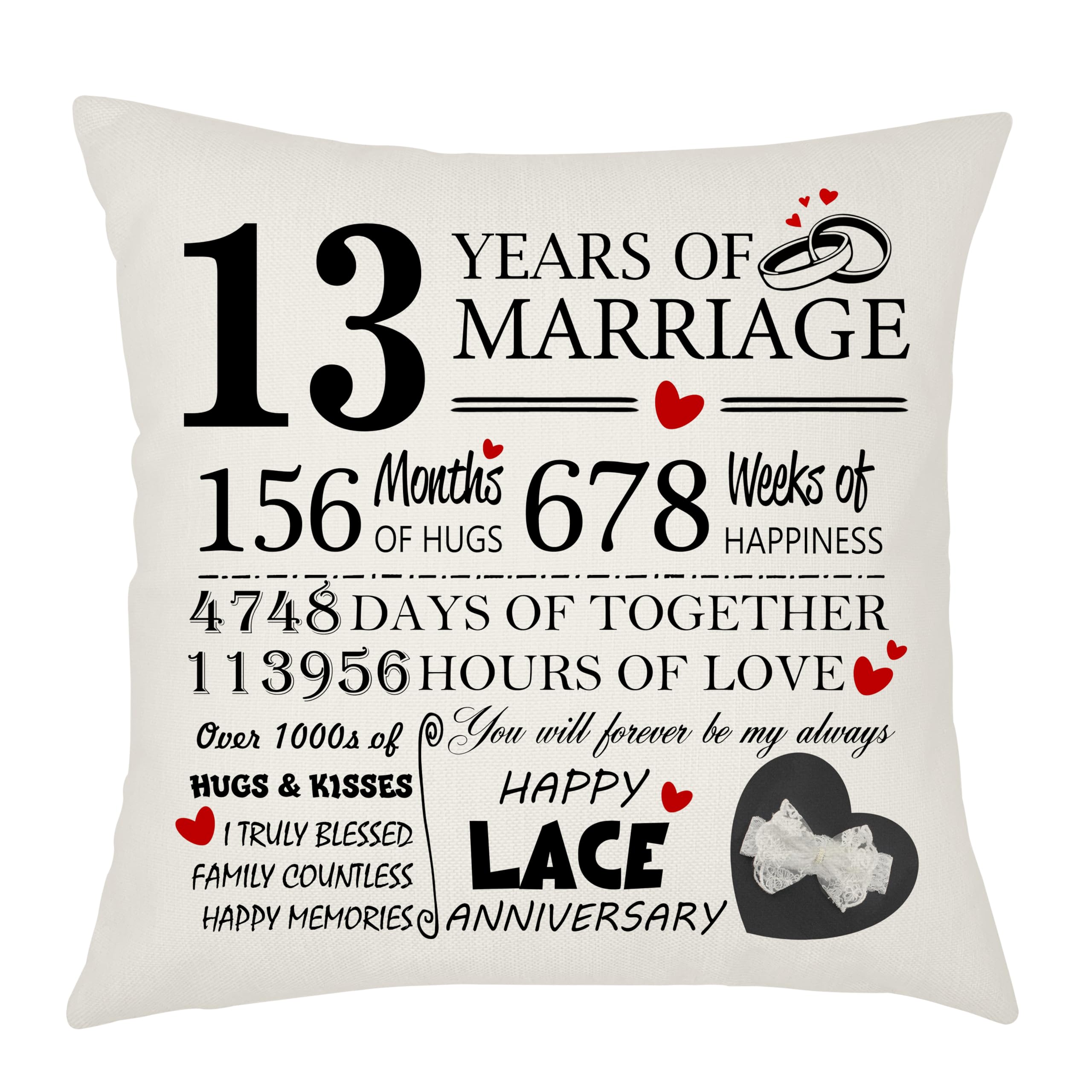 Weosan 13th Wedding Anniversary Lace Anniversary Cushion Cover - Gift for Wife or Husband - 13 Years of Marriage Keepsake Present - Elegant 45x45cm Pillow Case (13 Years of Marriage)