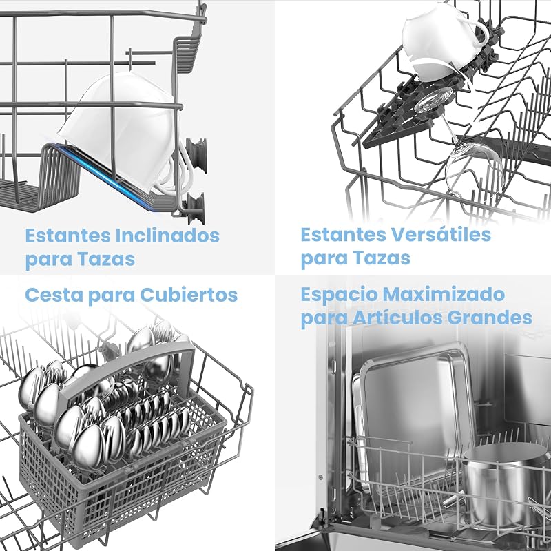 COMFEE' CDWPF1201PS Máquina de lavar louça de instalação gratuita, 60 cm, 12 configurações de lugar, início atrasado, função de meia carga, cestas flexíveis, aço inoxidável, 49 dB, controle de botão