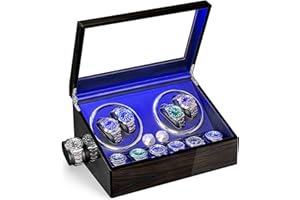 ANWBROAD Watch Winder for Automatic Watches 4 Watch Rotator and 6 Extra Storages with Super Quiet Motor LED Backlight Watch Turner Piano Paint Watch Shaker 4 Rotating Modes USB UJWW002E