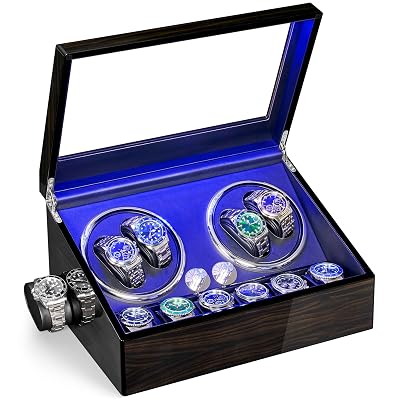 ANWBROAD Watch Winder for Automatic Watches 4 Watch Rotator and 6 Extra Storages with Super Quiet Motor LED Backlight Piano Paint Watch Shaker 4 Rotating Modes USB UJWW002E