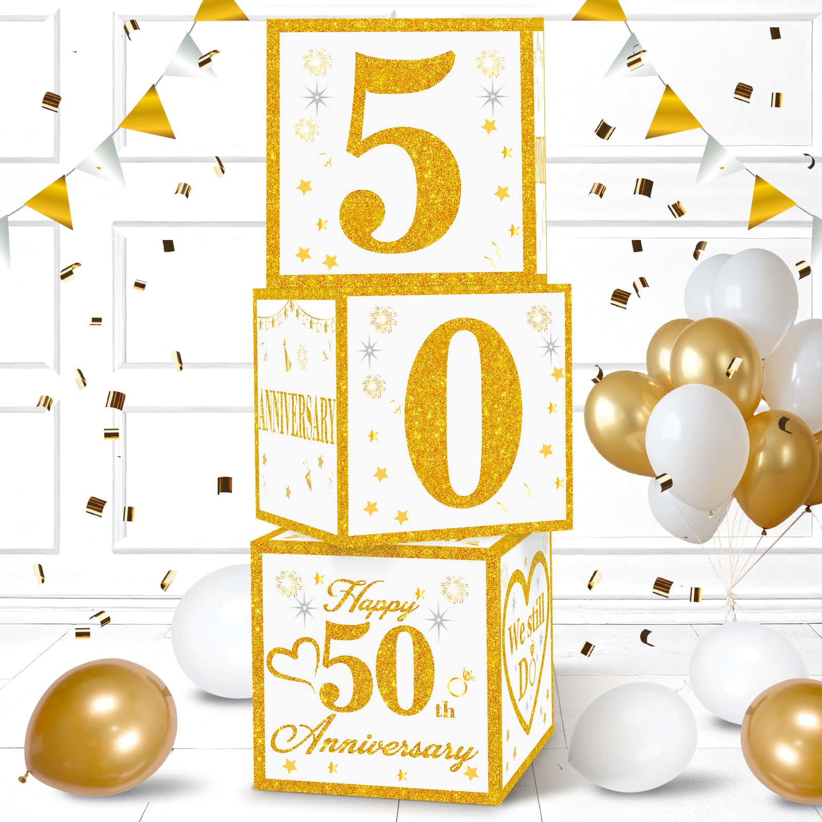 Photo 1 of 3Pcs 50th Wedding Anniversary Decorations Boxes for Men Women White Gold Happy 50th Anniversary Balloons Boxes 50th Anniversary Party Supplies We Still Do Anniversary Decorations
