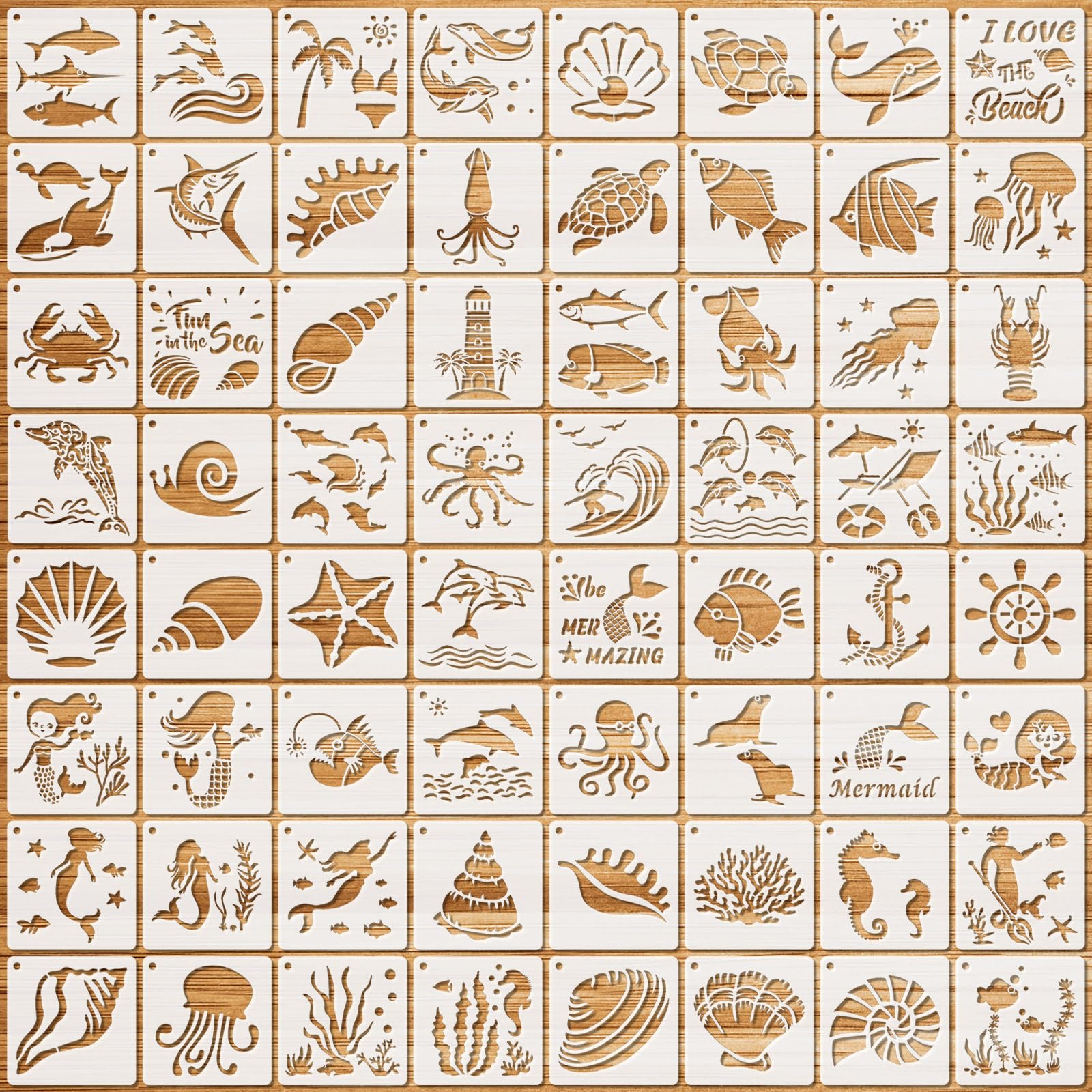 OOTSR 64 Pcs Painting Stencils for Craft Reusable, Drawing Craft Stencils DIY, 3" Sea- Themed Templates of Sea Animal, for Scrapbooking Furniture Wood Wall Home Decor