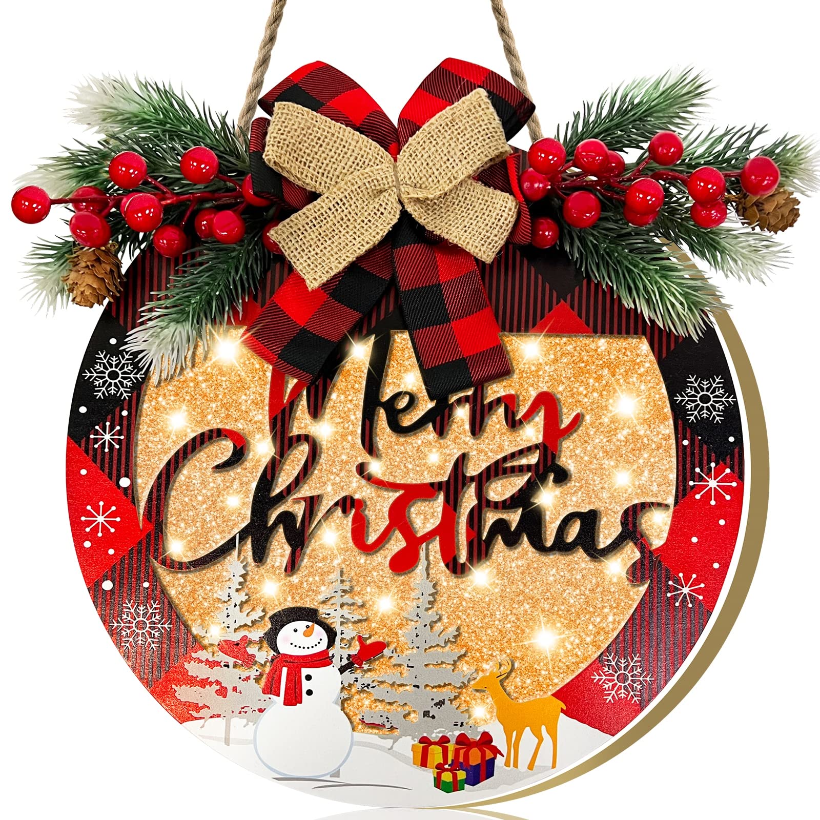 Photo 1 of [Prelit & Timer] Merry Christmas Wreaths for Front Door with Lights Buffalo Plaid Bow Berried Snowman Chrismas Welcome Wooden Wreaths Sign Xmas Decor for Winter Farmhouse Home Door Window Wall Porch