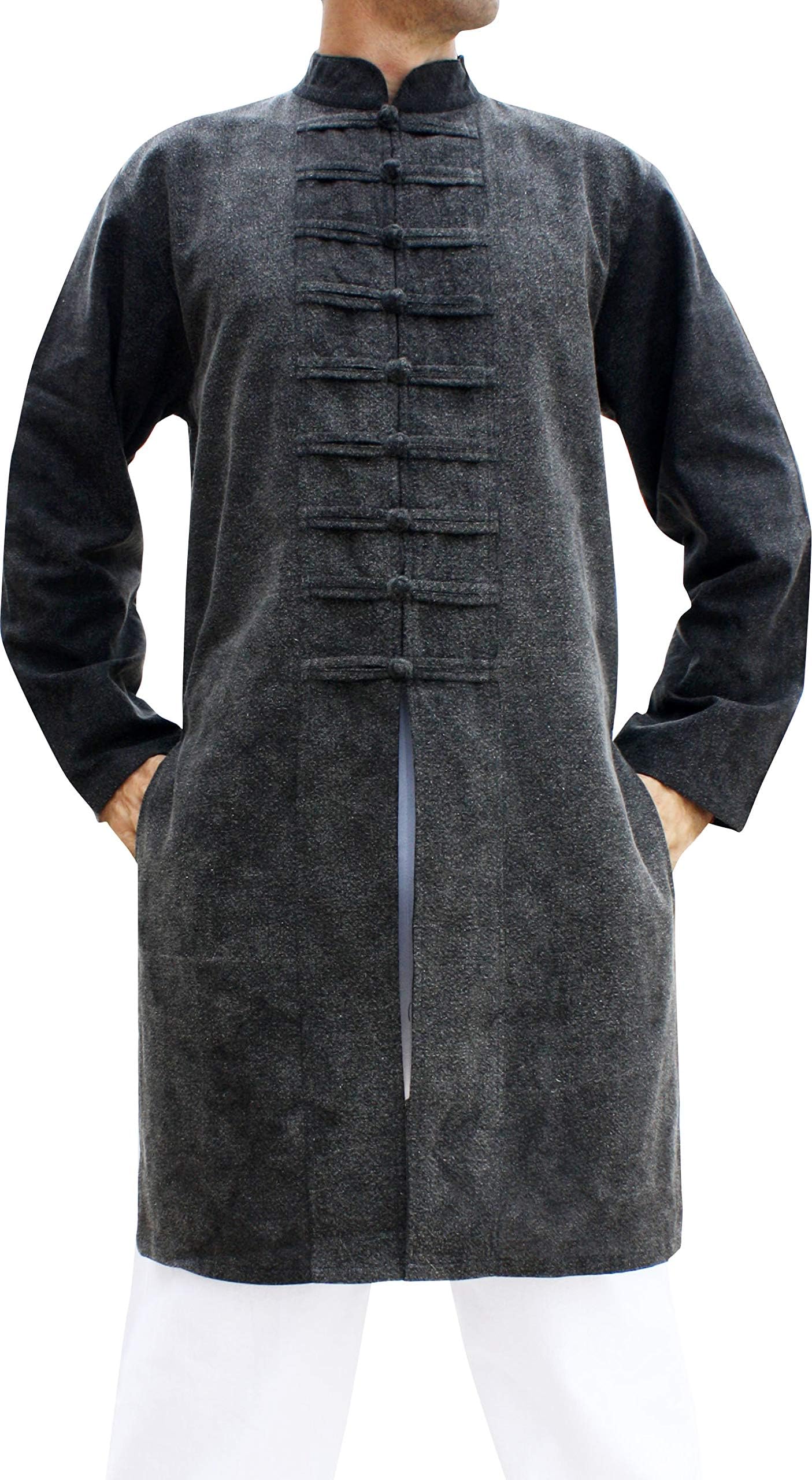 Svenine Chinese Collar Mens Long Naval Jacket Many Button Tai Chi Cotton
