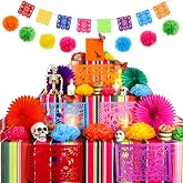 Newwiee 82 Pcs Day of the Dead Altar Decor Set, Marigold, Mixed Colors | 50 Tissue Flowers, 4 Fans, 18 Butterflies, 2 Tablecloths, 6 Candles, 2 Banners for Ofrenda Diwali Party Celebration Supply
