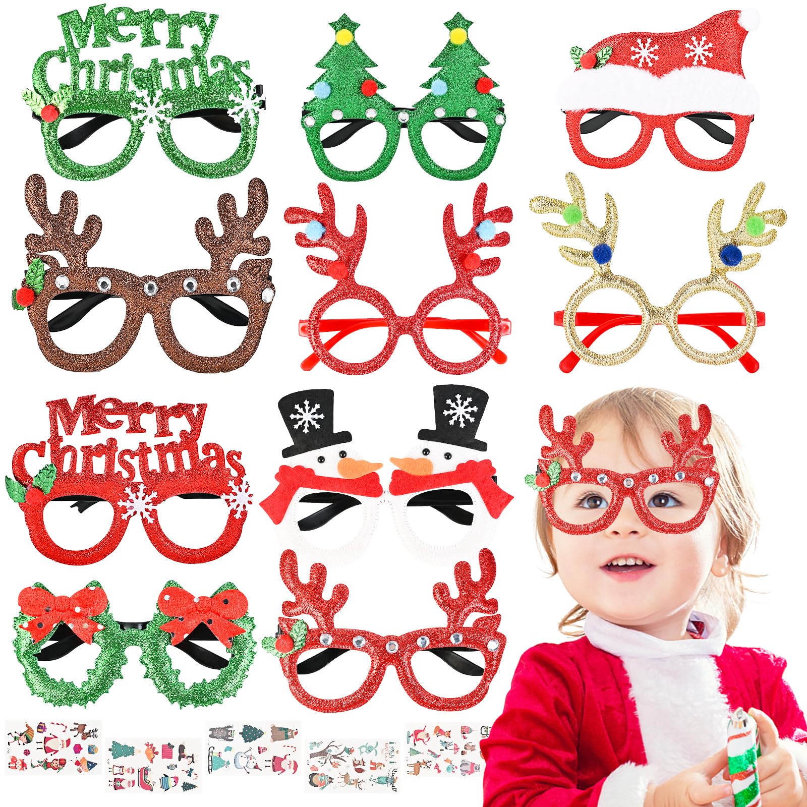 Faburo 10pcs Christmas Glitter Party Glasses Christmas Decoration Fancy Dress Hanging Glasses Christmas Themed sticker Suitable for Adults and Children 10 styles