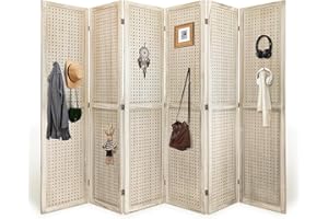 HIGREENA Room Divider, 5.6FT Folding Room Divider Panel, 6 Panel Pegboard Display Wood Partition Wall Divider for Room Separation& Craft Shows, Natural Wood