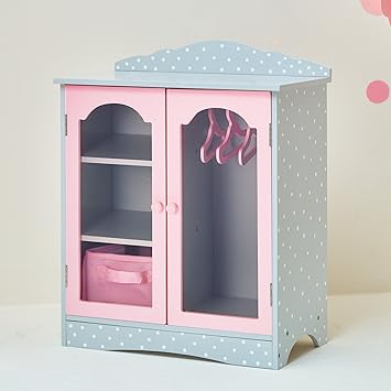 Olivias Little World - Princess 18 inch Doll Furniture | Fancy Wooden Closet with 3 Hangers and 1 Cubby (Grey Polka Dots) | Fits American Girls, Our Generation and More