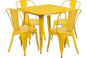 EMMA + OLIVER Commercial 31.5" Square Yellow Metal Indoor-Outdoor Table Set-4 Stack Chairs