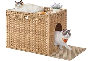Feandrea Cat Litter Box Enclosure, Handwoven Rattan Hidden Litter Box Furniture with Extra Litter Mat, Removable Washable Tray, Boho Cat House, End Table, Goose Yellow UPCL014K01