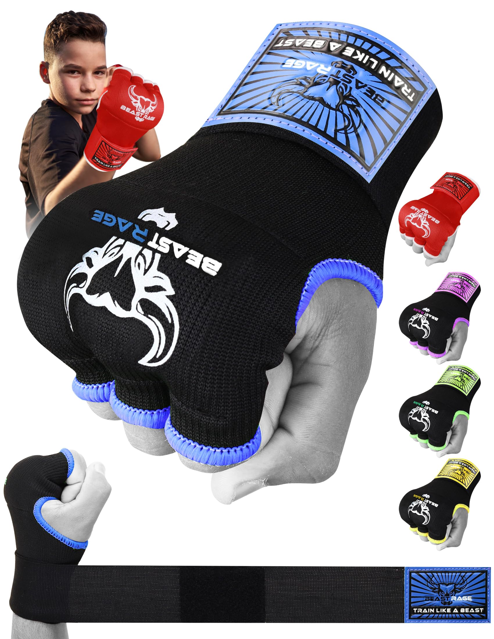 BEAST RAGE Boxing Wraps Hand Gel Gloves MMA 75cm Long Wrap Padded Elasticated Quick Boxing Punching Bag Training Muay Thai Hand Wraps set UFC Bandages For Mens Ladies kids (Kids Junior, Blue)