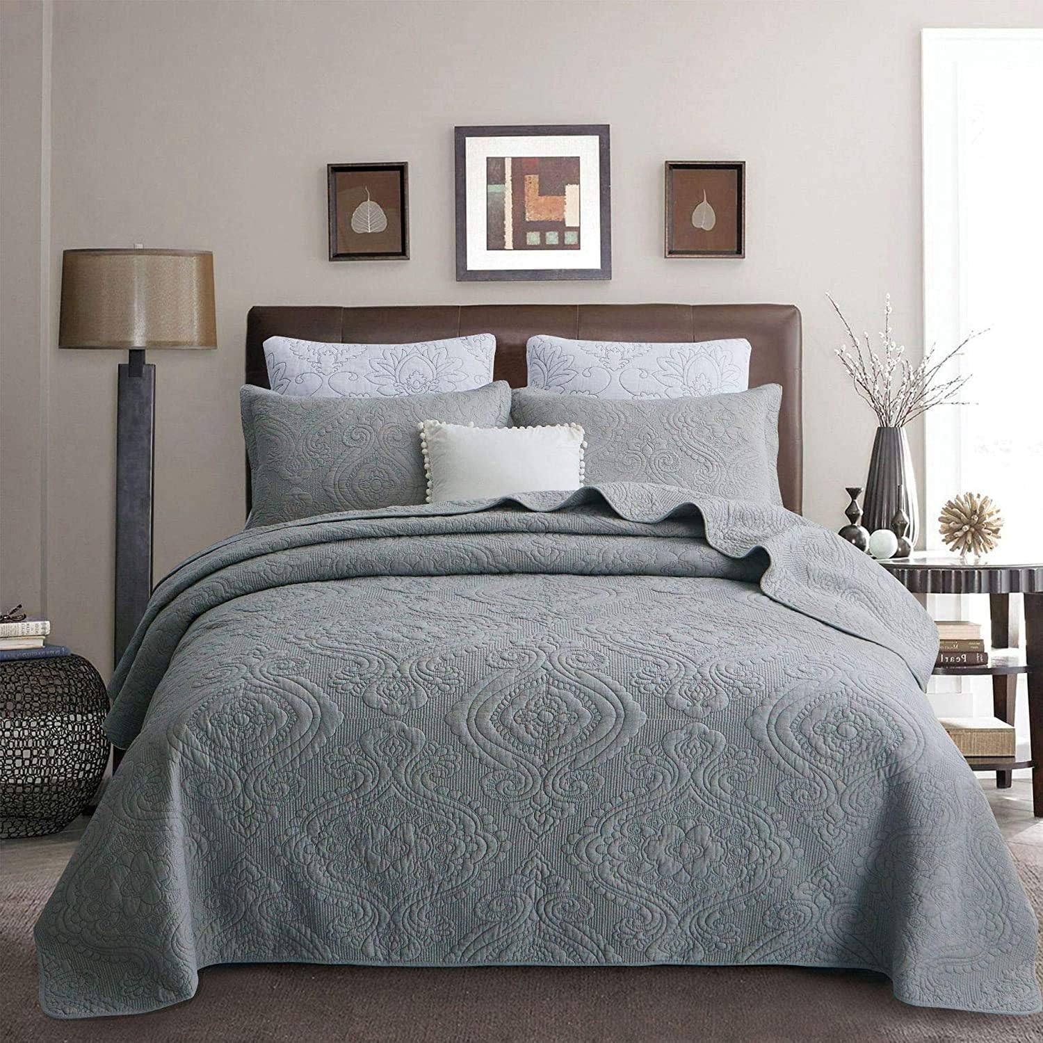 Amazon Com Brandream Queen King Size Quilt Set Grey Cotton Bedspread Coverlet Set Cotton 96x104 With Standard Size Pillow Shams 3 Piece Luxury Farmhouse Bedding Damask Embroidery Kitchen Dining
