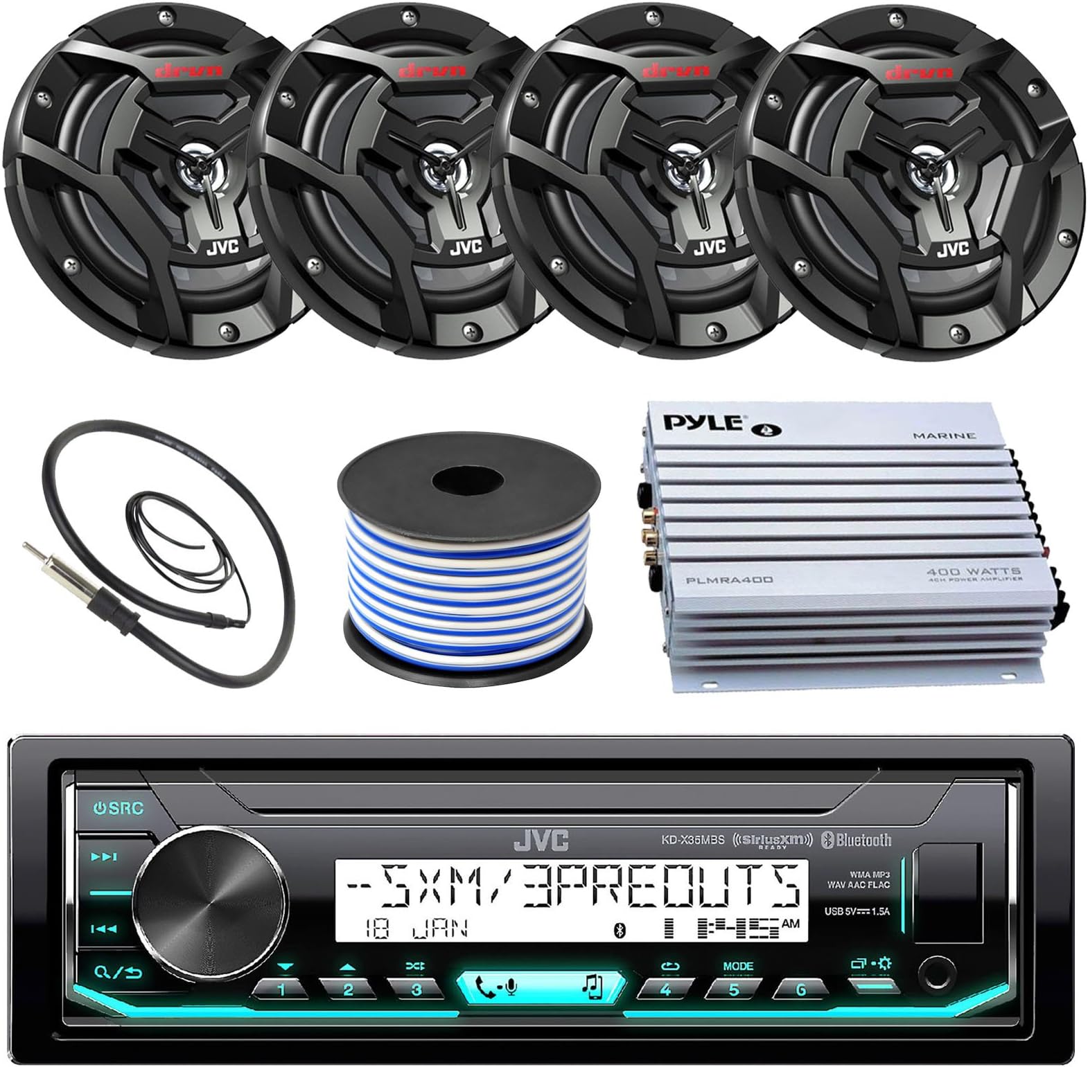 JVC Marine Boat Yacht Radio Bluetooth Media Player Receiver Bundle Combo With 4 x 6.5" 2-Way Coaxial Black Speakers & 4Ch Amp