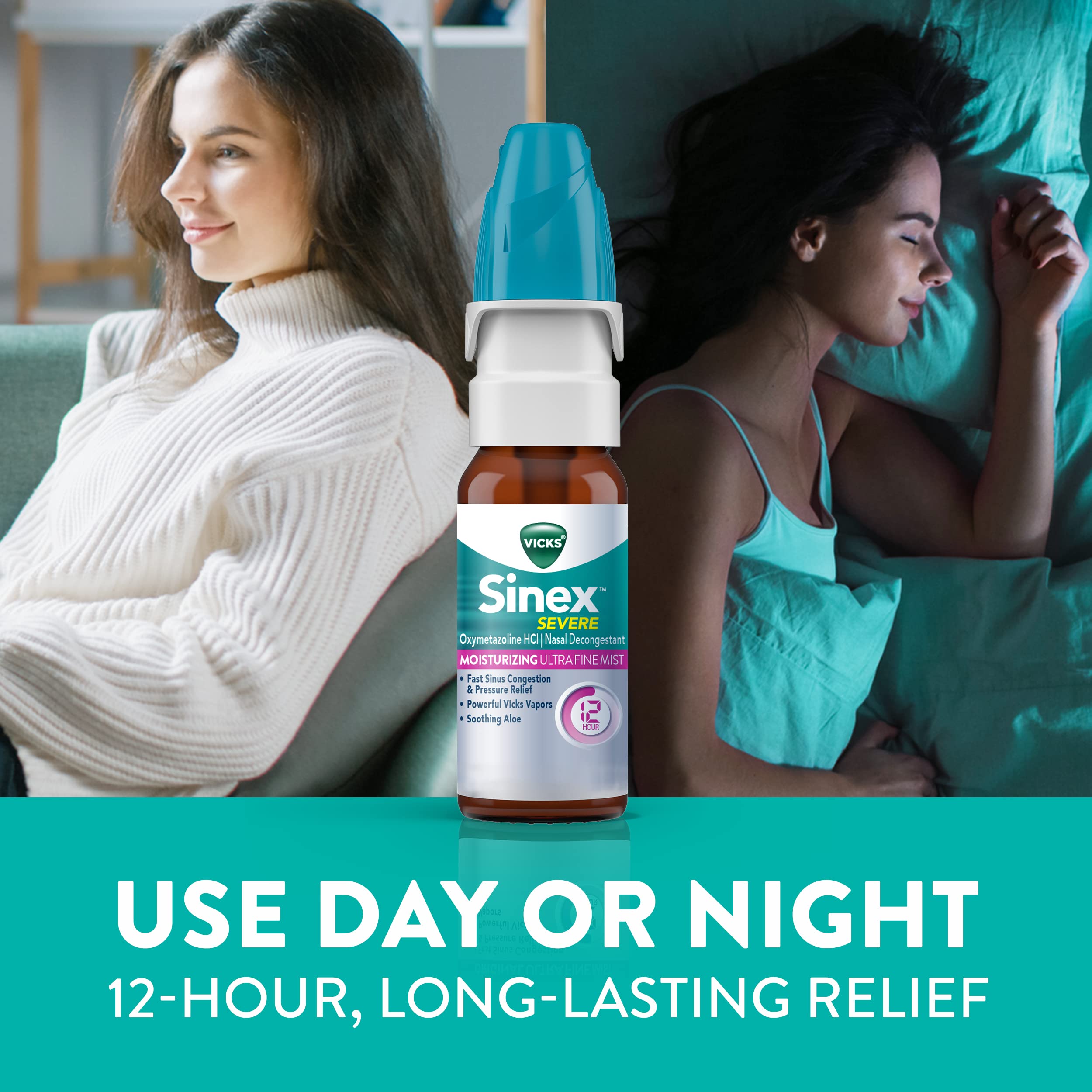 Vicks Sinex Severe Nasal Spray with Moisturizing Ultra Fine Mist, Decongestant for Stuffy Nose Relief from Cold, Allergy, Sinus Pressure - 265 Sprays