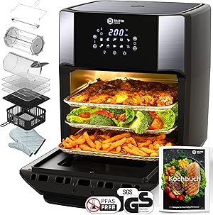 Balter Heißluftfritteuse HL-1200-BL, 12 Liter, Friteuse, LED Touchscreen, 10 Programme, Dörrautomat, 1800W Heissluftfritteuse airfryer, 100 Rezepte auf Deutsch, Minibackofen