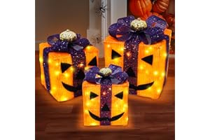 Caxchiling Halloween Pumpkins Gifts Boxes 3 Pak Lighted Gift Boxes with Pumpkins 52 LED Lights Battery Operated Light Up Boxes Decorations for Indoor Home Holiday Party Thanksgiving