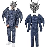 WEFONLLICOS Kids Dragon Costume for Boys, Black Dragon Wings Mask Pant Suit Dinosaur Cosplay Outfit for Halloween