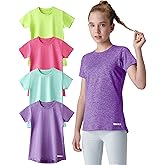 4 Pack: Youth Girls Athletic Shirts, Short Sleeve Dry Fit Apparel Tech Tshirts, Sports Activewear for Kids Teens