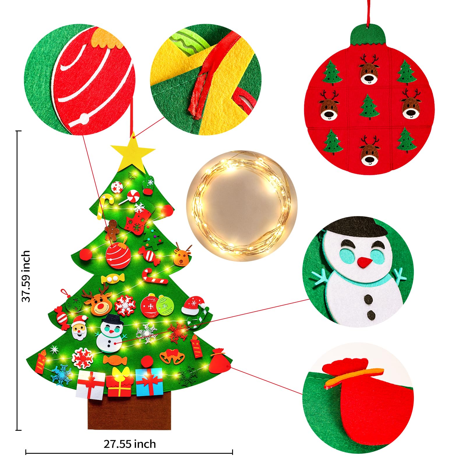 Max Fun DIY Felt Christmas Tree Set Plus Tic-Tac-Toe Games for Kids Toddlers Wall Hanging Ornaments Decorations Felt Craft Kits for Xmas Party Favors