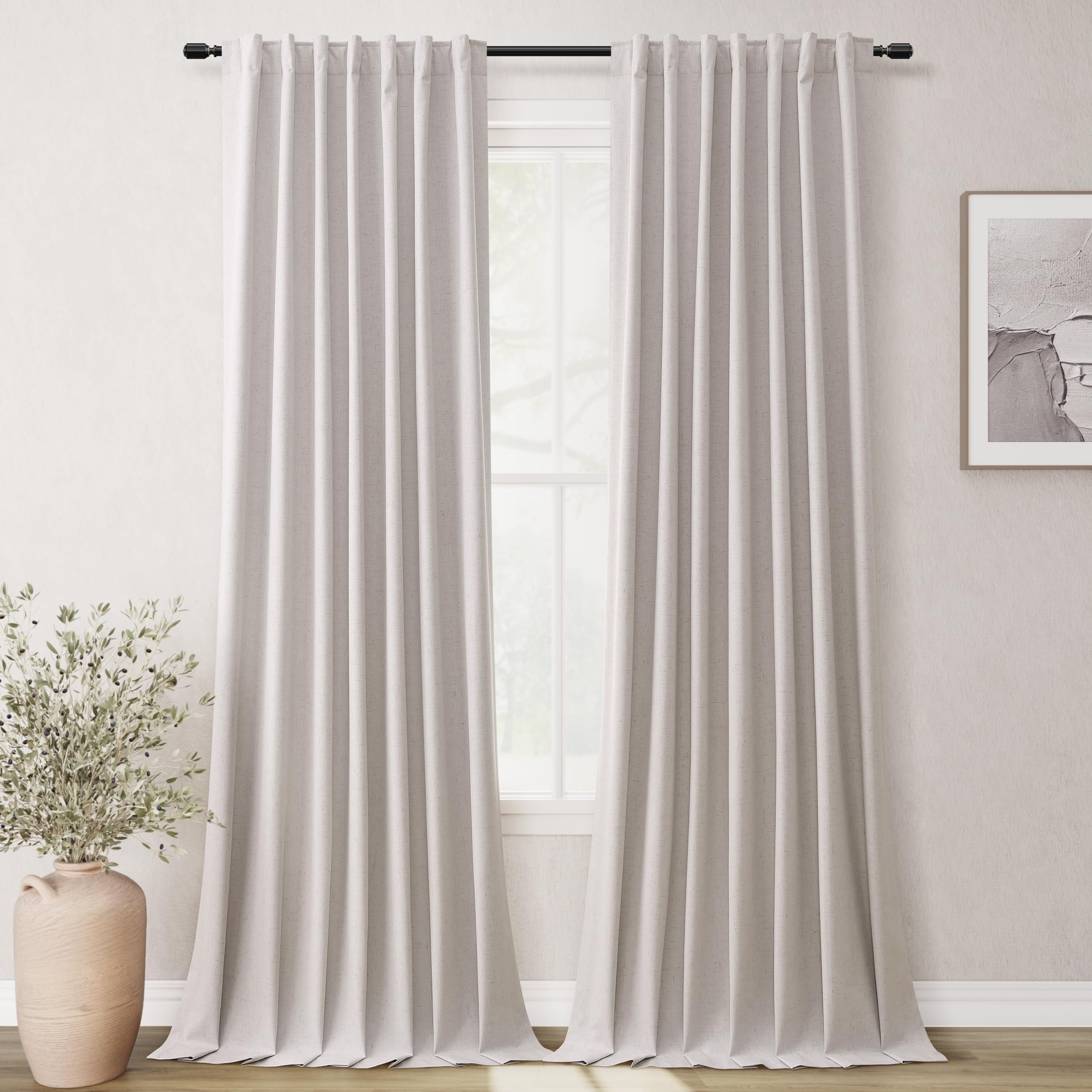 Photo 1 of BOODII Full Blackout Curtains 90 Inches Long Room Darkening Curtain for Bedroom Sliding Door Thermal Insulated Black Out Curtains & Drapes Champagne Neutral Linen 2 Panels Set Back Tab 52x90