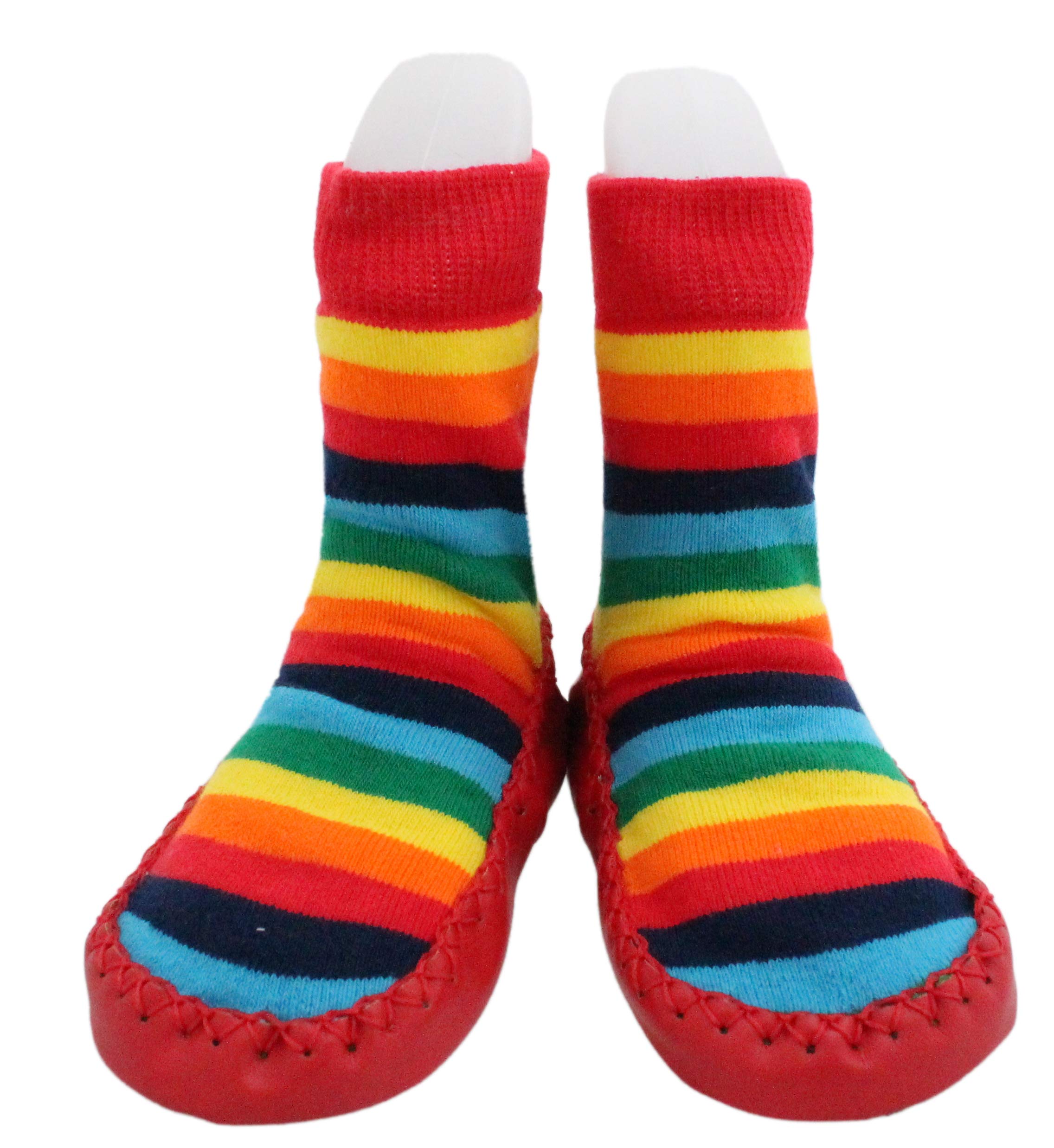 Baby Rainbow Stars Thick Winter Anti-slip Shoes Socks Moccasins Age 1 2 3 (Age 1-2, Red)