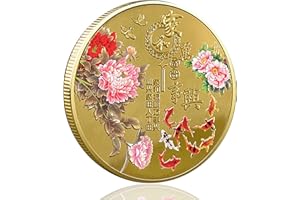 LZWIN 1.57-inch Gold Plated Lucky Coin with Transparent Protective Case, Featuring Peony Blossoms, Koi Fish, and Auspicious Chinese Phrases for Family Harmony and Prosperity