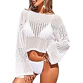 BreathSunny Womens Crochet Knit Cropped Beach Top Summer 2025 Off The Shoulder Long Bell Sleeve Bathing Suit Cover Up Tops