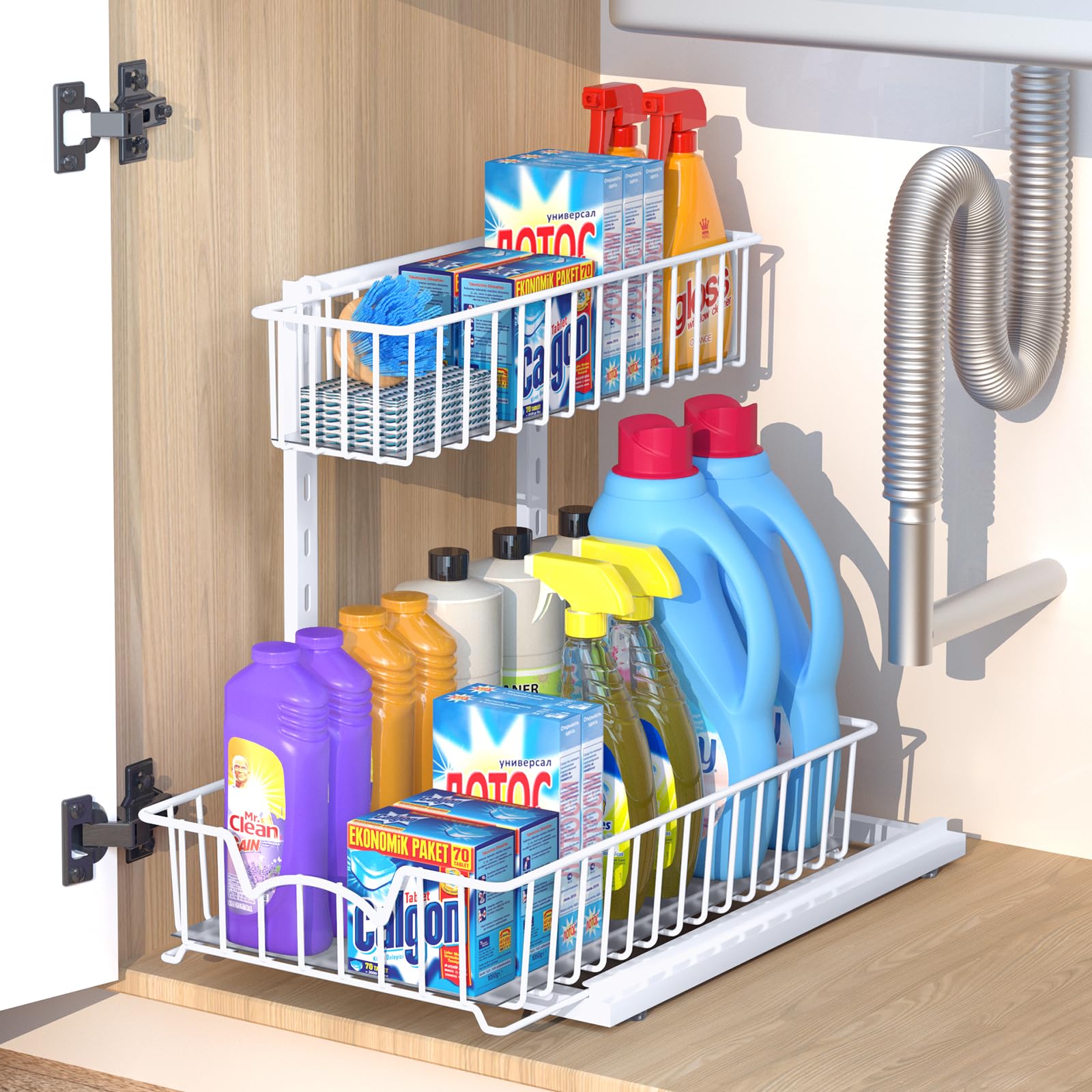 Under Sink Storage Organiser, 2 Tier Pull Out Kitchen Sliding Basket, Metal Cabinet Sliding Basket Drawer Rack, Multi-Purpose Under Sink Organizer Racks for Kitchen, Bathroom, Countertop (White)