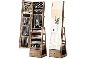 Nicetree 360°Swivel Jewelry Cabinet, Rotatable Full Length Mirror with Jewelry Storage, Standing Jewelry Armoire Organizer, Lockable Jewelry Organizer with 3 Rear Shelves, Bottom Drawer, Rustic Brown
