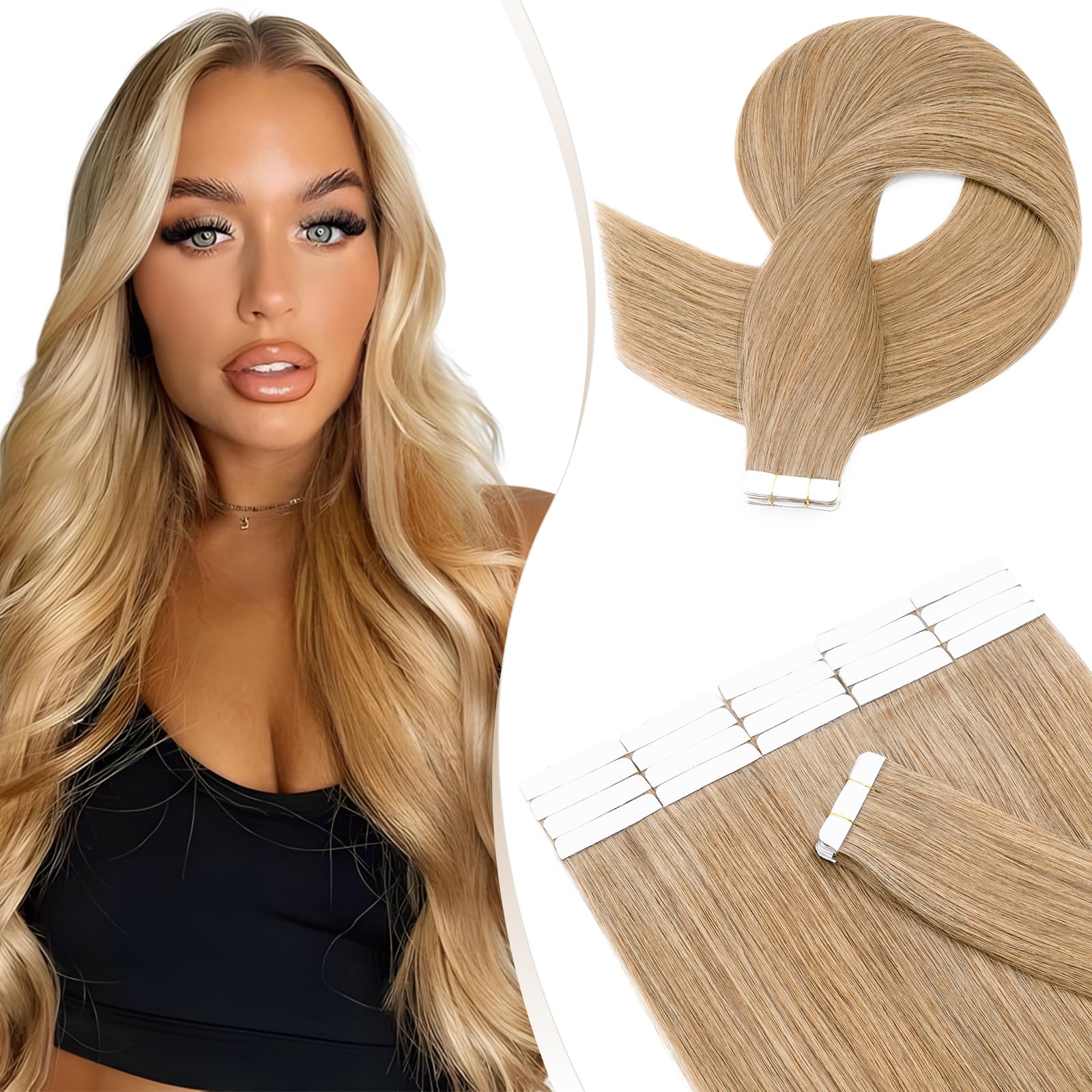 Elailite Tape in Hair Extensions Real Human Hair 20 Pcs 30g Invisible Thin Type - Skin Weft Invisible Remy Hair Extension (#27 Dark Blonde, 12 Inch) — image 1