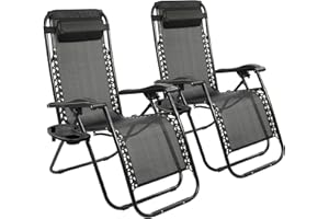 Elevon Zero Gravity Chair Set of 2 with Cup Holder & Removable Pillows, Adjustable Reclining Outdoor Patio Folding Chairs Portable Lounge Chair Furniture for Poolside, Lawn, Beach, Camping, Black